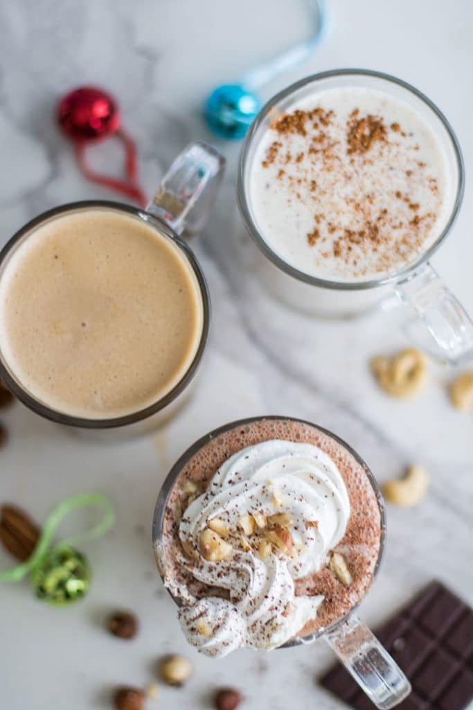 Trio of Healthy Holiday Drinks / Hazelnut Hot Cocoa, Vegan Eggnog, and a Pecan Toffee Latte, all made with fresh nut milks!