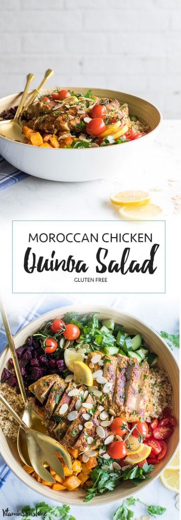 Moroccan Chicken Quinoa Salad / This nutritious gluten free grain salad is filled with vegetables, herbs, and a mouth watering Moroccan spiced chicken. #familymeal #quinoa #butternut #beets #moroccan #cleaneating #healthyrecipe