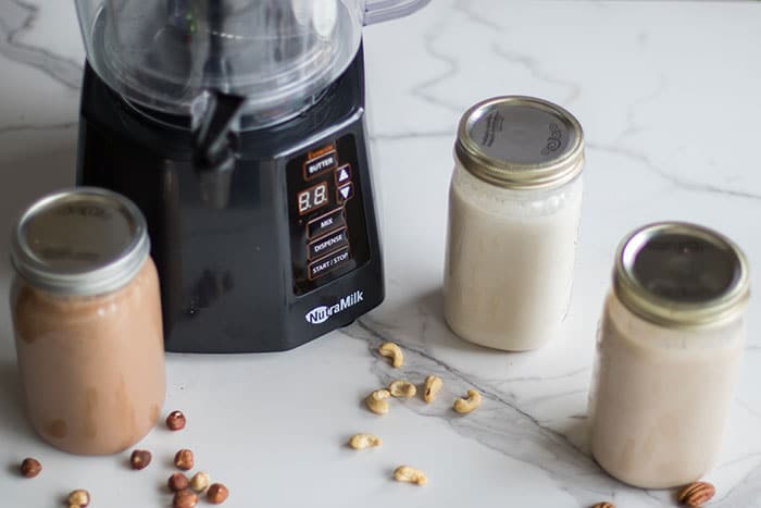 Trio of Healthy Holiday Drinks / Hazelnut Hot Cocoa, Vegan Eggnog, and a Pecan Toffee Latte, all made with fresh nut milks!