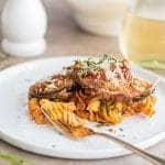 Eggplant Parmesan Pasta / This gluten free baked pasta dish is a great! Made #glutenfree with Chickapea Pasta, and layered with crispy baked eggplant slices and lots of cheese!