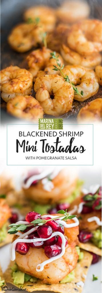 Mini Shrimp Tostadas with Pomegranate Salsa / #ad The perfect healthy party appetizer! Blackened shrimp, guacamole, and a tangy pomegranate salsa.