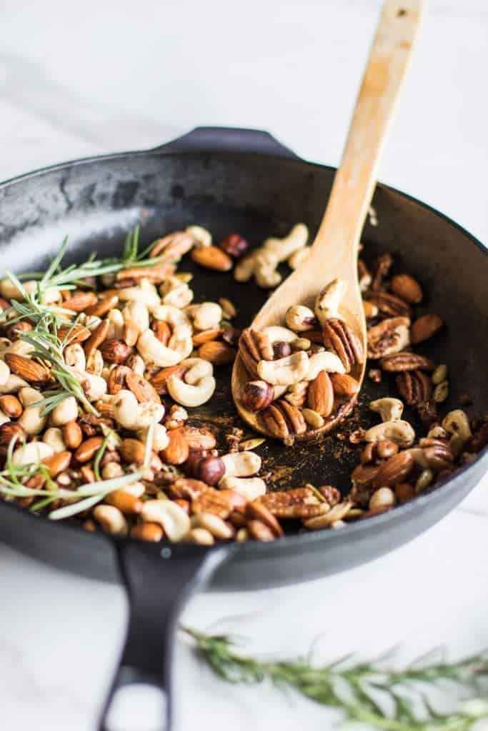 Spiced Mixed Nuts / Toasted nuts are mixed with a flavorful and festive combination of shallots, rosemary, and spices.