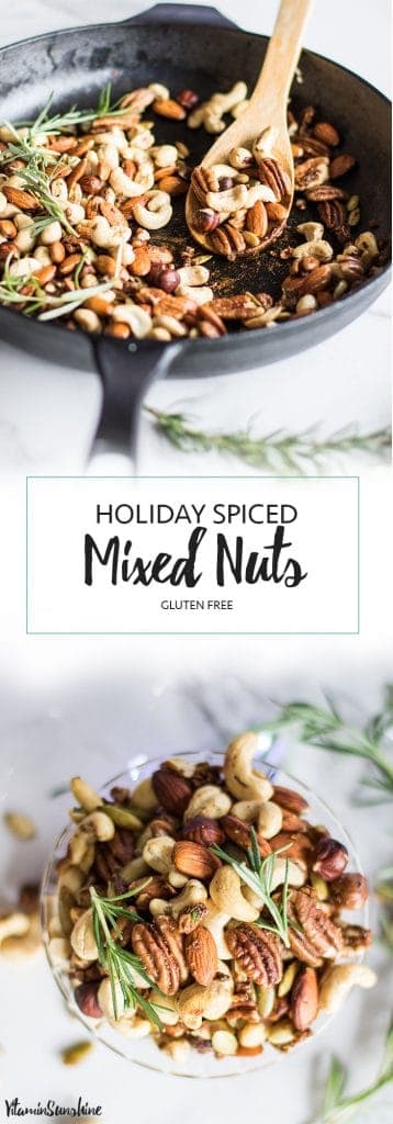 Holiday Spiced Mixed Nuts / Toasted nuts are mixed with a flavorful and festive combination of shallots, rosemary, and spices.