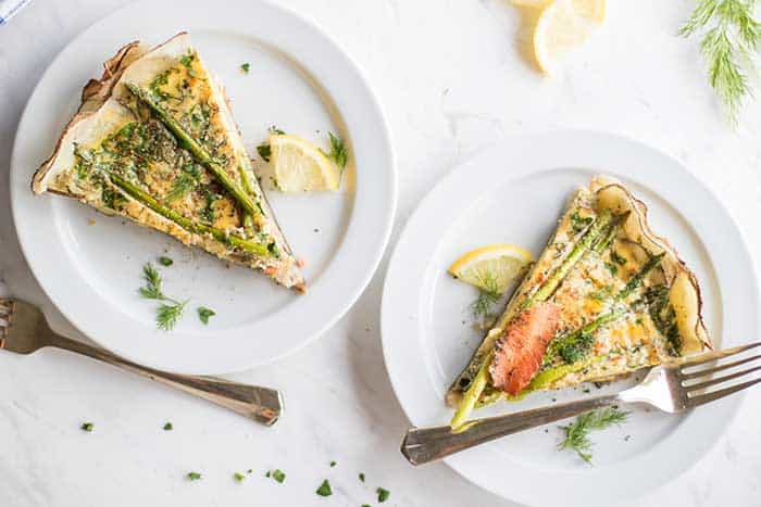 Two plates each with a slice of whole30 frittata with smoked salmon and asparagus.