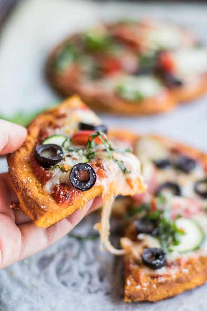 A sweet potato pizza crust loaded with veggie toppings.