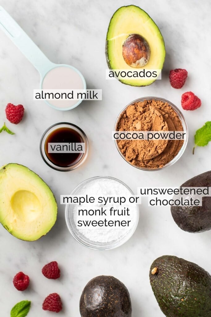 The ingredients needed to make avocado chocolate pudding.