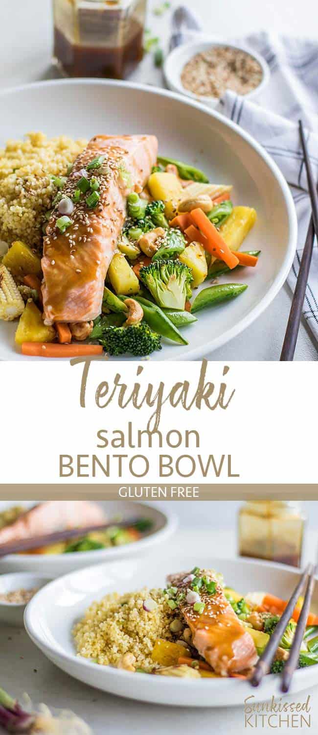 Images showing Teriyaki salmon, and bowls of millet and veggies being drizzled with soy free teriyaki sauce.