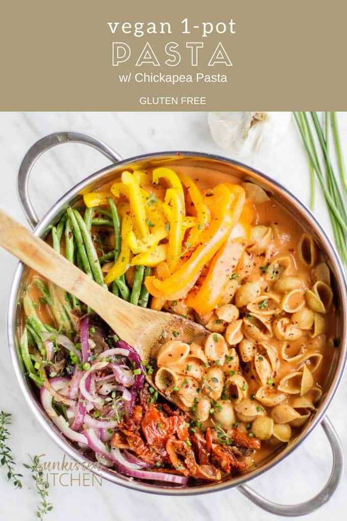 A graphic showing the title of the dish, along with colorful veggies scattered over a pot of creamy vegan 1 pot pasta.