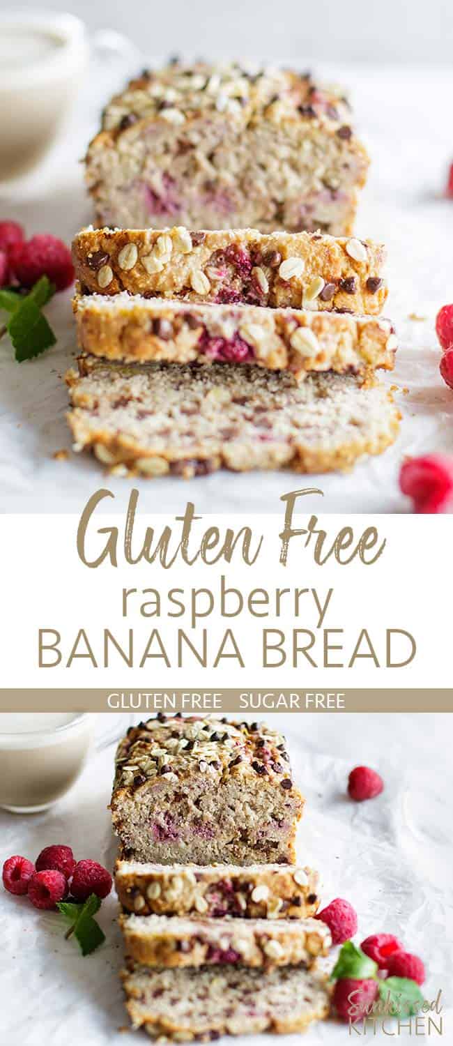 Two images showing a load of banana raspberry bread, and a plate with thick cut slices.