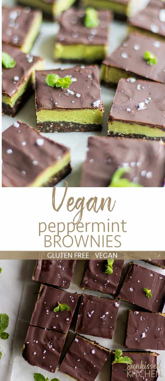 Raw peppermint vegan brownies shown cut into squares and garnished with sea salt and peppermint leaves.