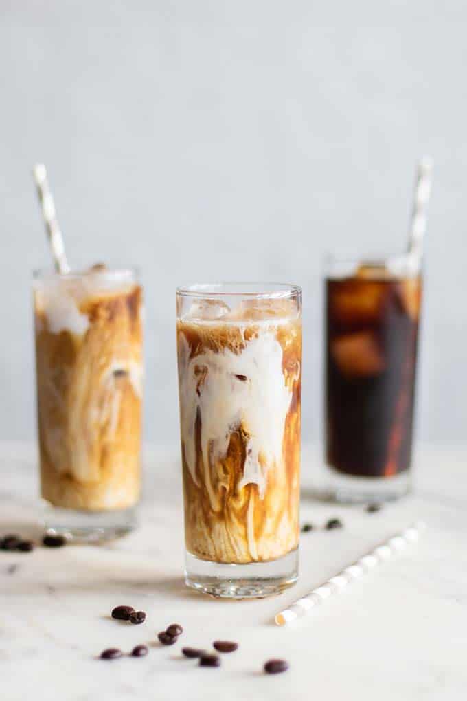3 glasses filled with ice showing how to make cold brew coffee.