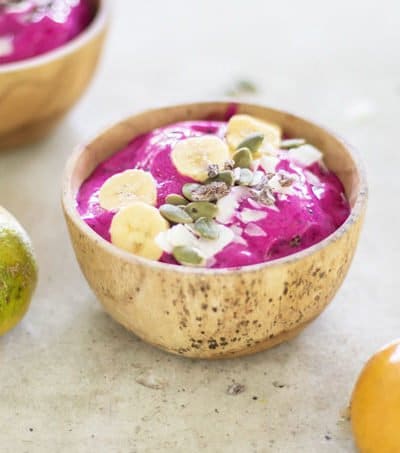 A delicious vegan dragon fruit ice cream made with frozen fruit and fruit juices.