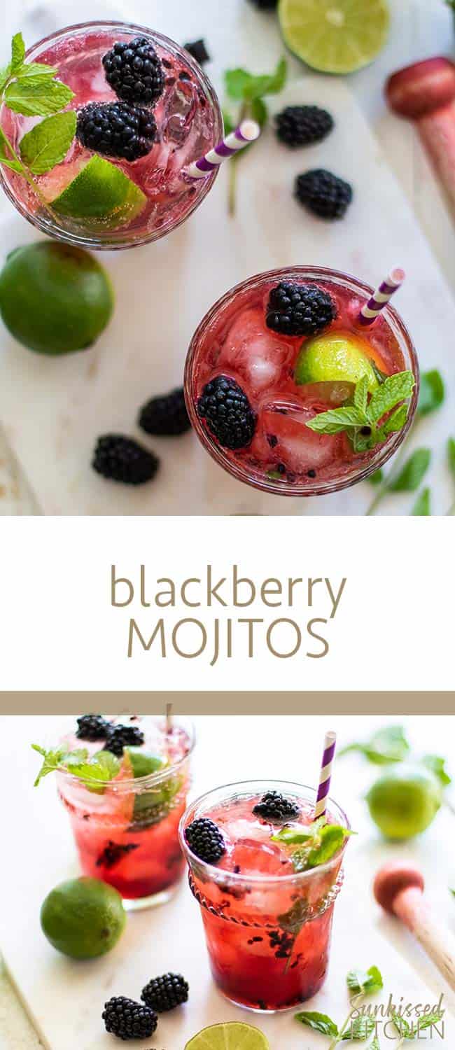 A top view looking down into glass filled with an icy blackberry mojito, surrounded by limes and blackberries.