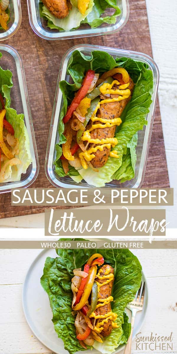 Three meal prep boxes with large leaves of romaine, with sausage, peppers and onions.