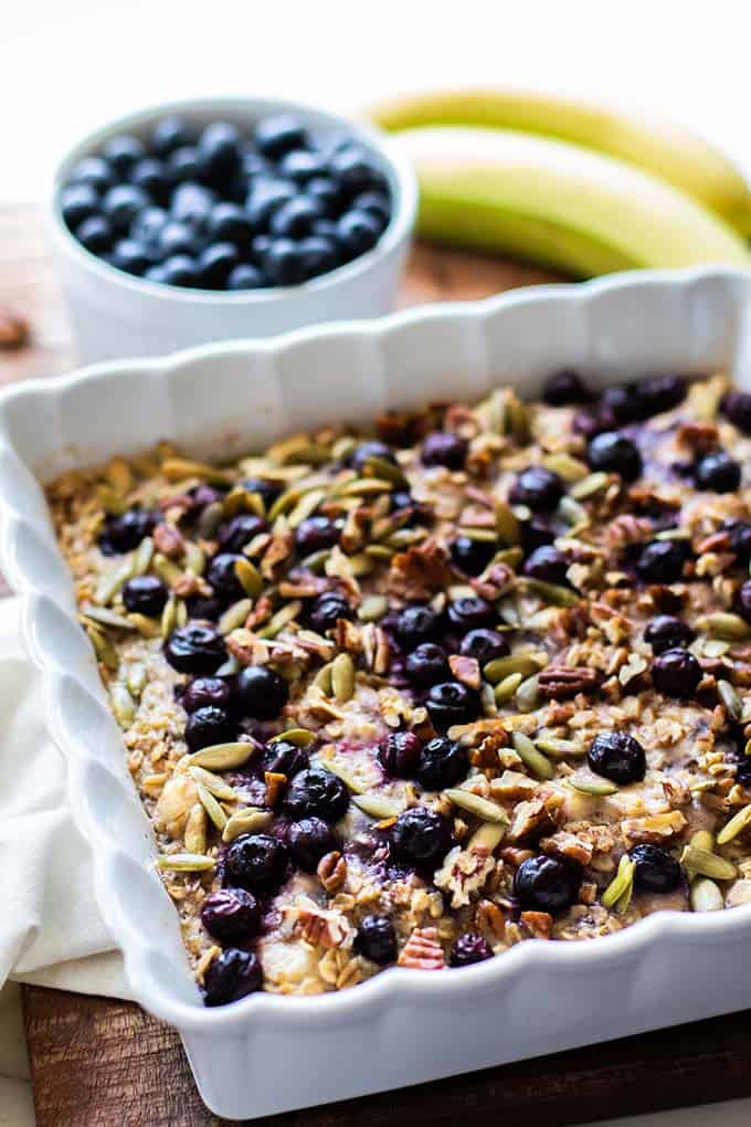 Healthy Baked Oatmeal with Blueberries and Bananas - Sunkissed Kitchen