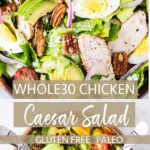 Two images showing a close up view of a tossed chicken caesar salad loaded with toppings.