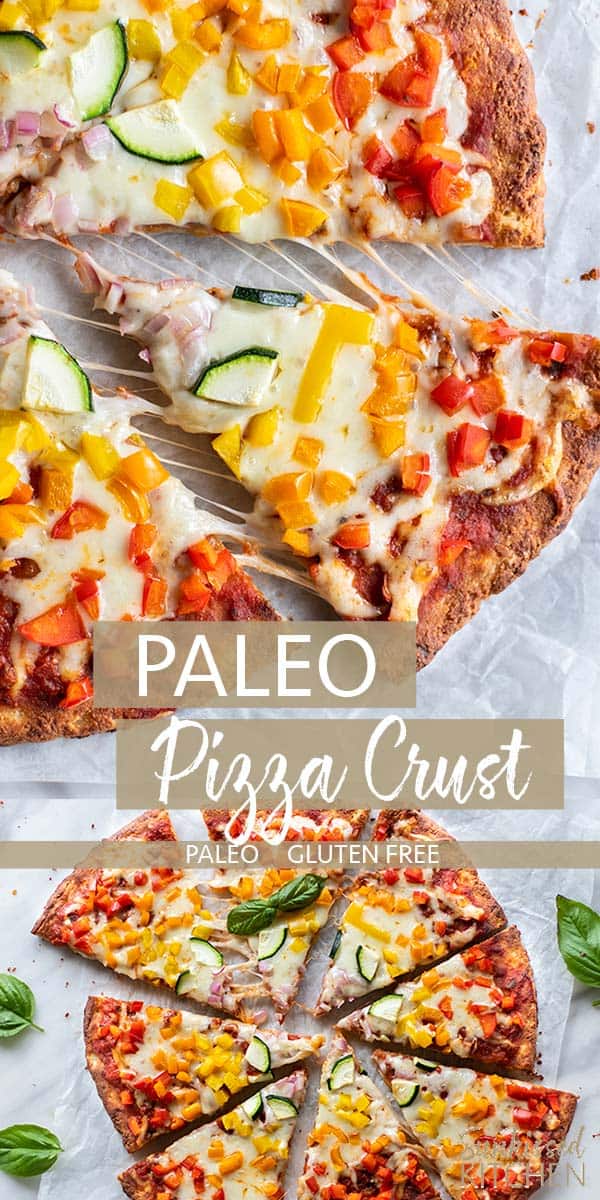 Two images showing a slice of pizza close up, and a whole paleo pizza crust topped with veggies.