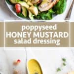 Honey mustard salad dressing on a spinach salad, and in a white dressing dish.