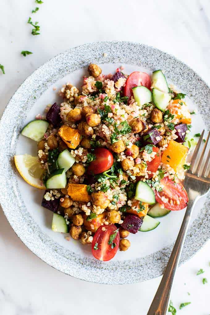 A vegan Moroccan salad with chickpeas and quinoa.