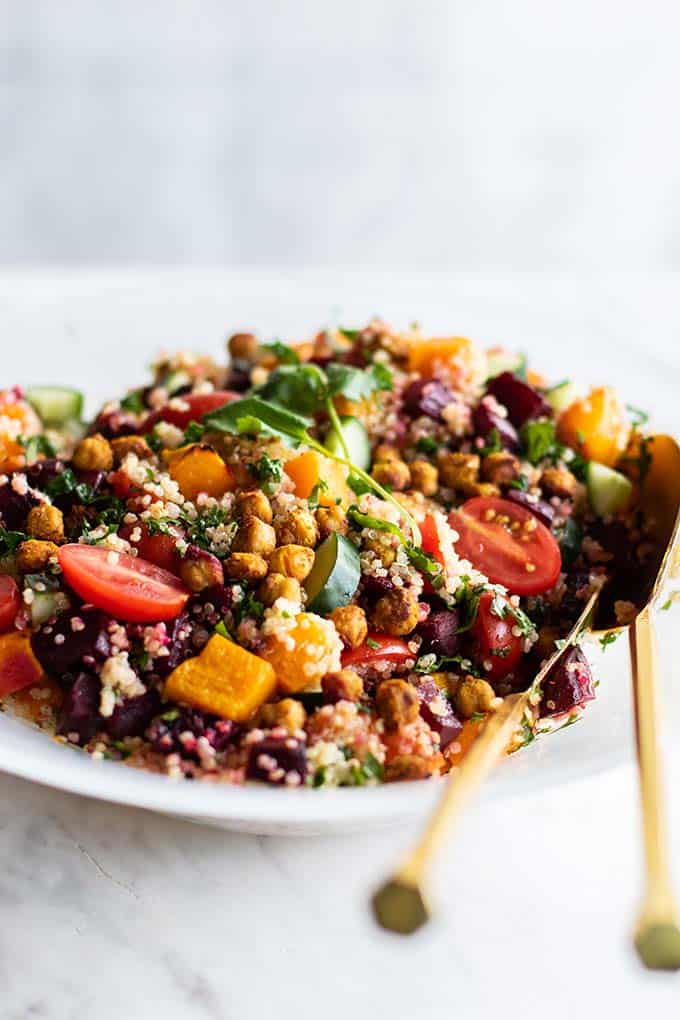 A colorful fall Moroccan salad with roasted and fresh veggies and quinoa.