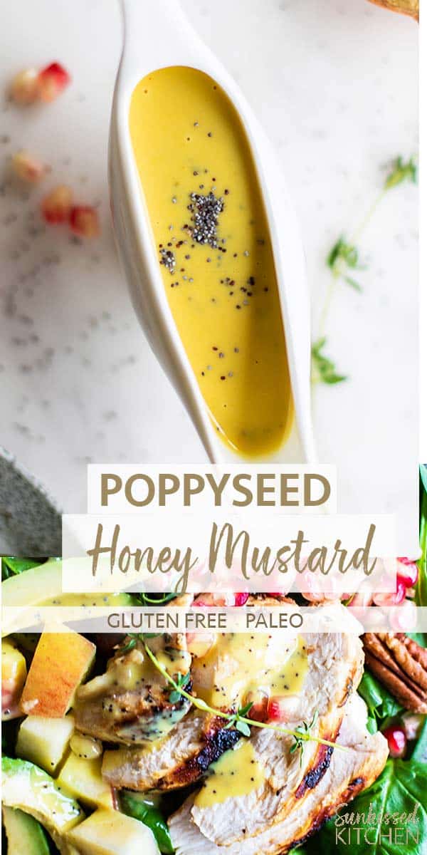 A close up of honey mustard salad dressing with poppyseeds.