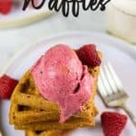 Gluten free waffles topped with fruit and veggie based ice cream.
