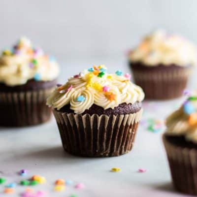 Chocolate almond flour cupcakes decorated for a birthday.