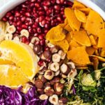 A close up look at a salad bowl filled with red cabbage, oranges, pomegranate, butternut squash, and hazelnuts.