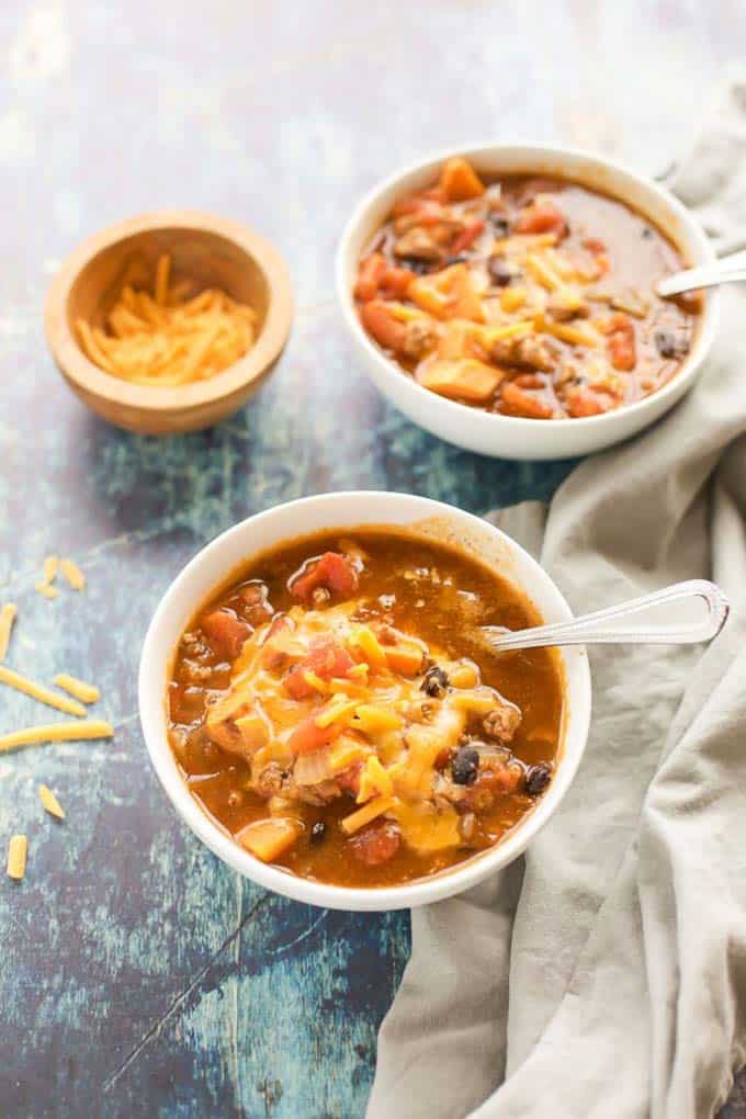 A healthy turkey chili with sweet potatoes.