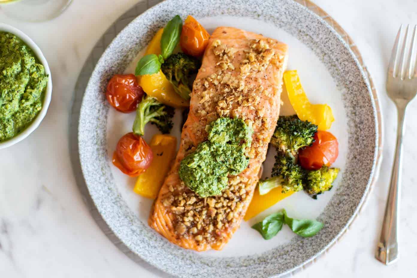 Baked Pesto Salmon - Healthy Salmon with Pesto and a Parmesan Crust