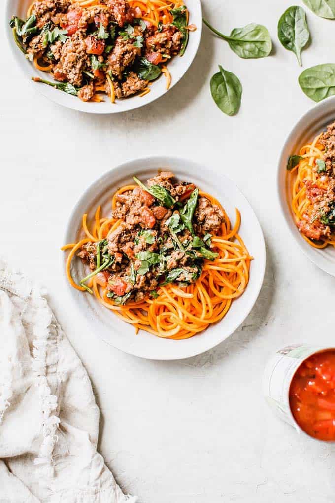 Spiralized sweet potato replaces pasta in this healthy dish.
