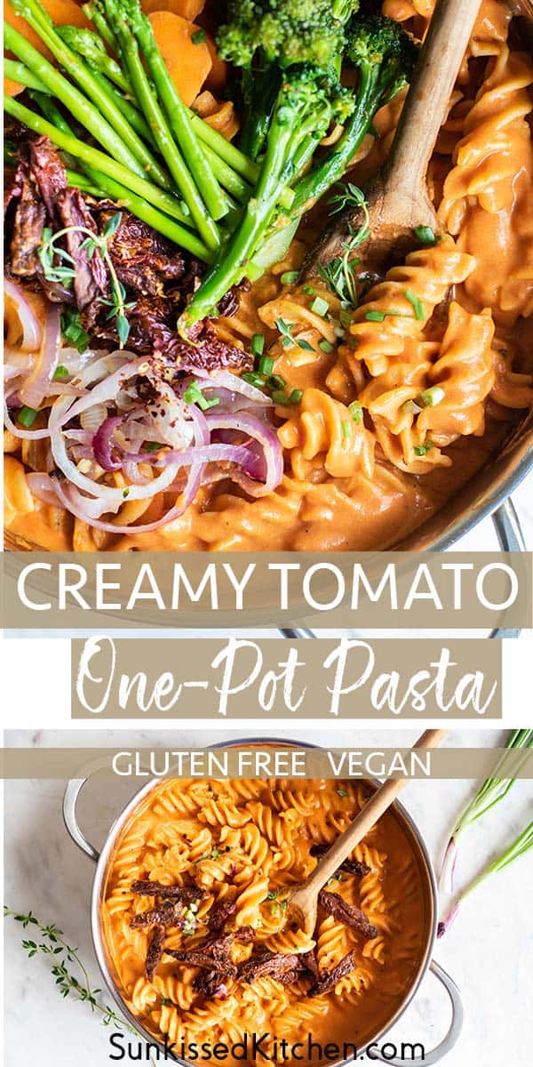 Two images showing a creamy tomato one pot pasta topped with lots of veggies.