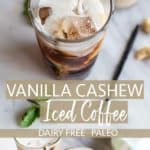 An iced vanilla coffee with homemade cashew milk being poured into it.