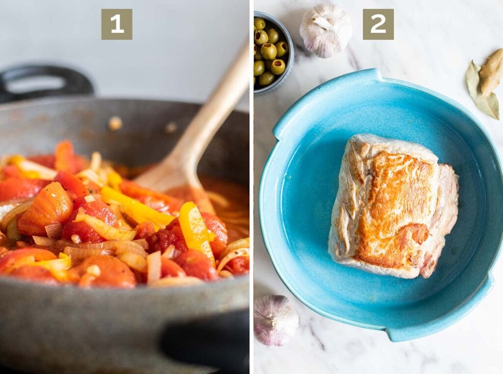 Step 1 shows to soften the vegetables, and step 2 shows browning the pork roast.