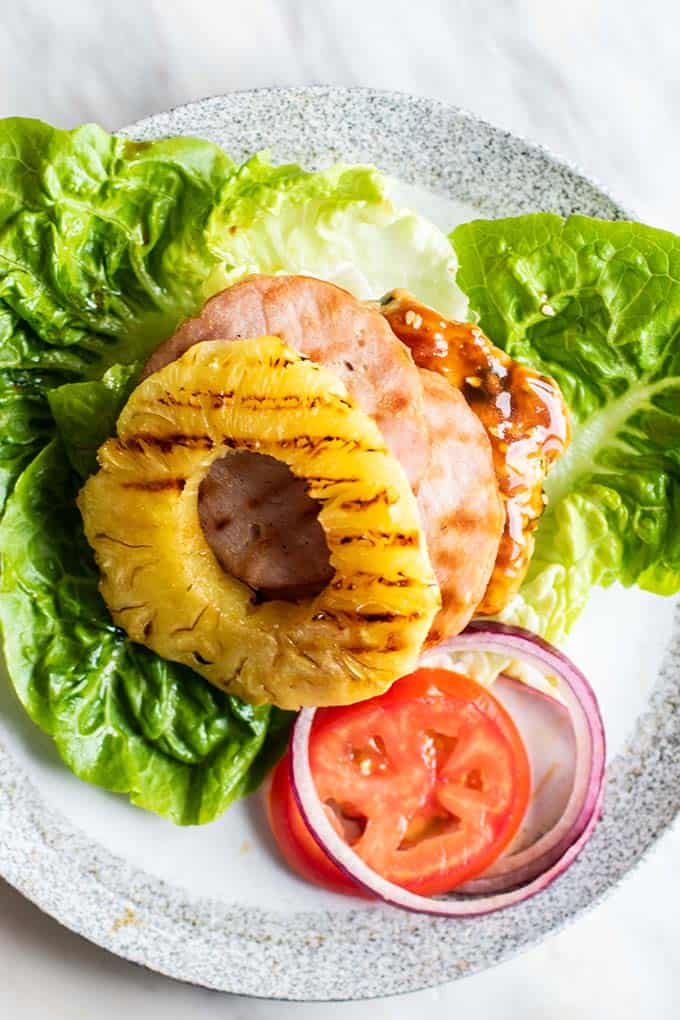 A Hawaiian Chicken burger on a lettuce wrap.
