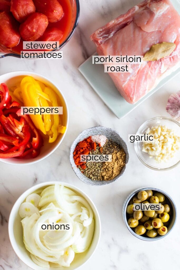 The ingredients needed to make pork ropa vieja shown with labels.
