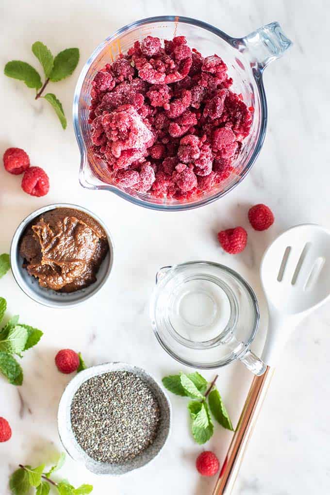 The ingredients for sugar free, paleo raspberry jam.