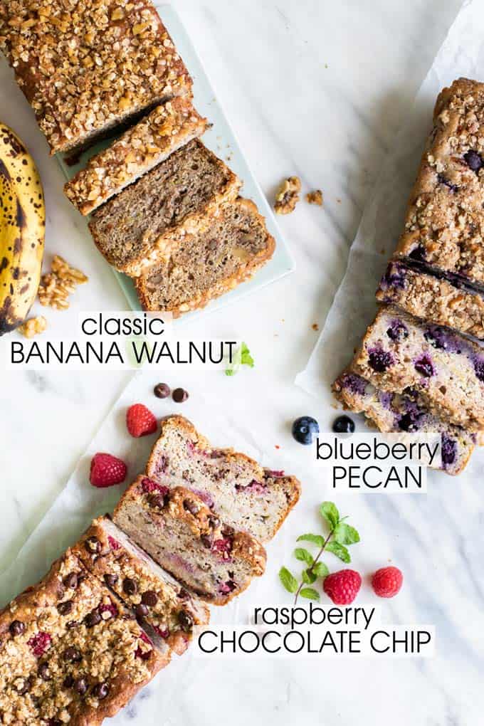 Three flavors of gluten free banana bread shown in loaves with several slices.