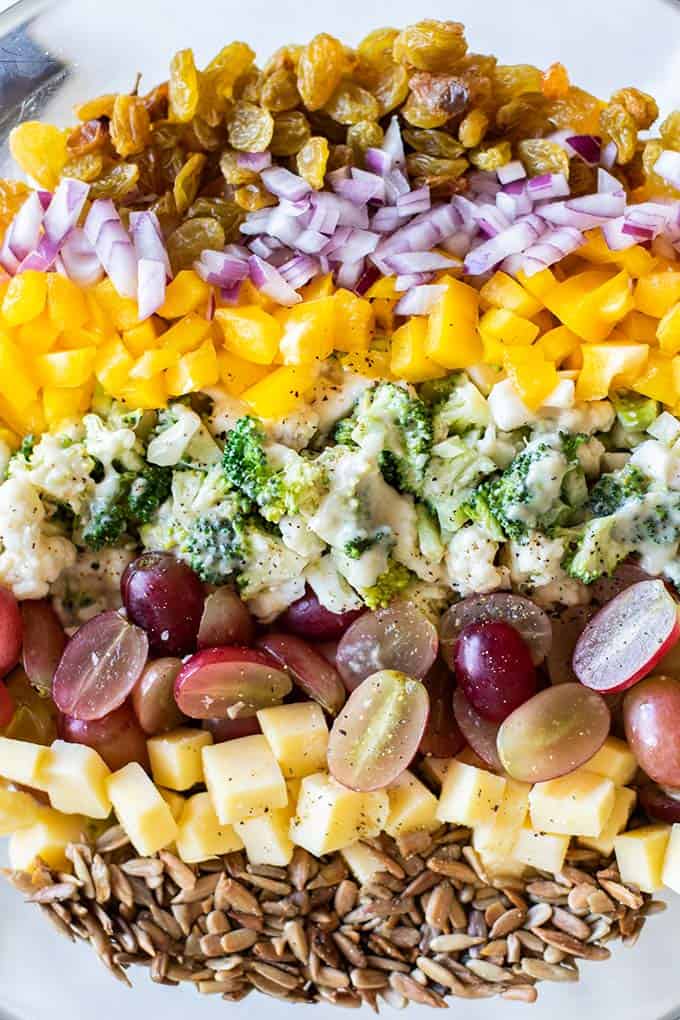 A close up of all the toppings on this healthy broccoli salad.