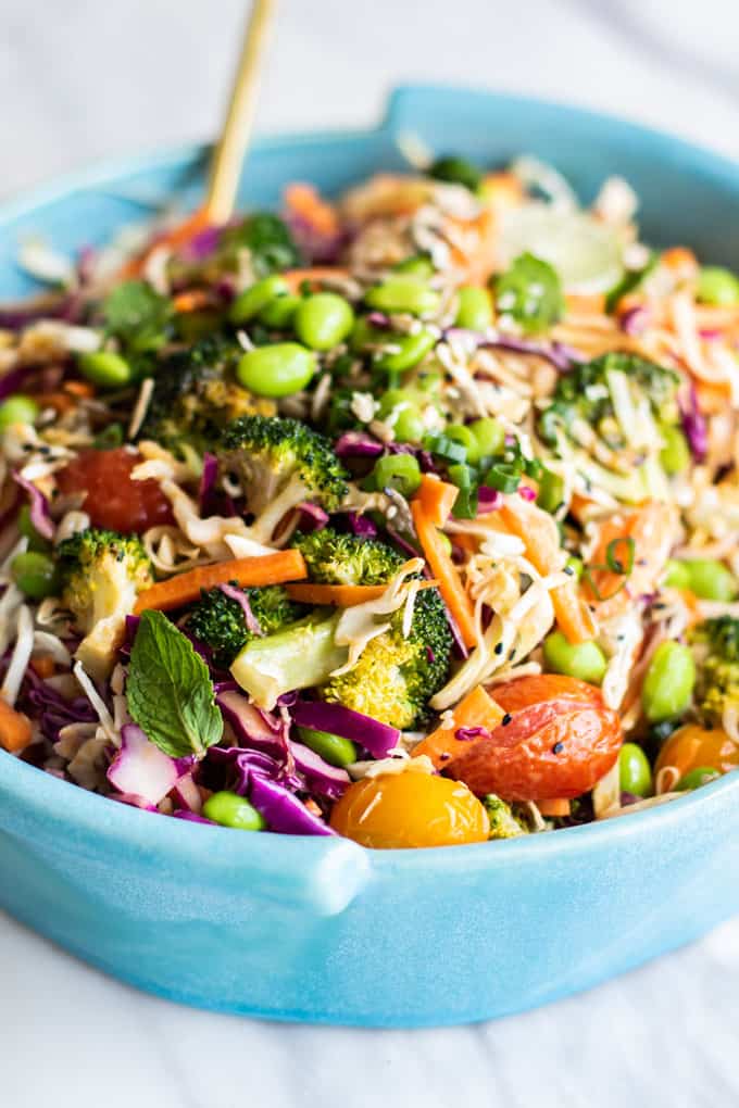 A close up of a tossed Asian Slaw.