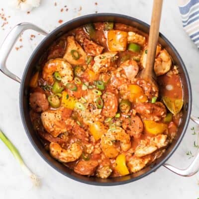 A top view of a pot of Jambalaya.