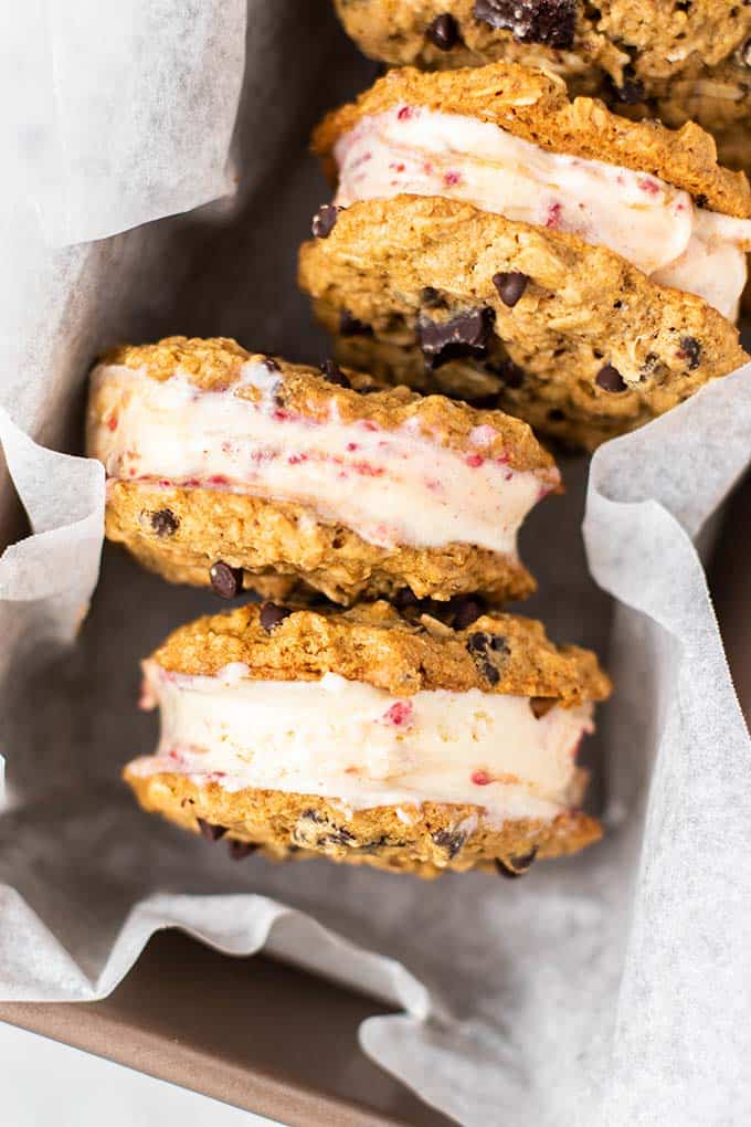 A close up look at the raspberry and SunButter swirls in the ice cream sandwiches.