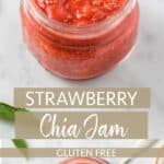 Two images showing the side of a jar and down into the top of a jar of strawberry chia seed jam.