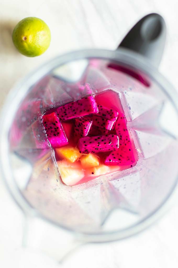 A look in a blender showing how to make the fruit and green tea puree.