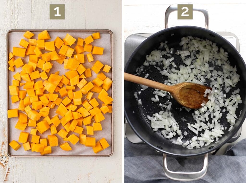 Step 1 shows to roast the butternut squash, and step 2 shows to saute the onions.