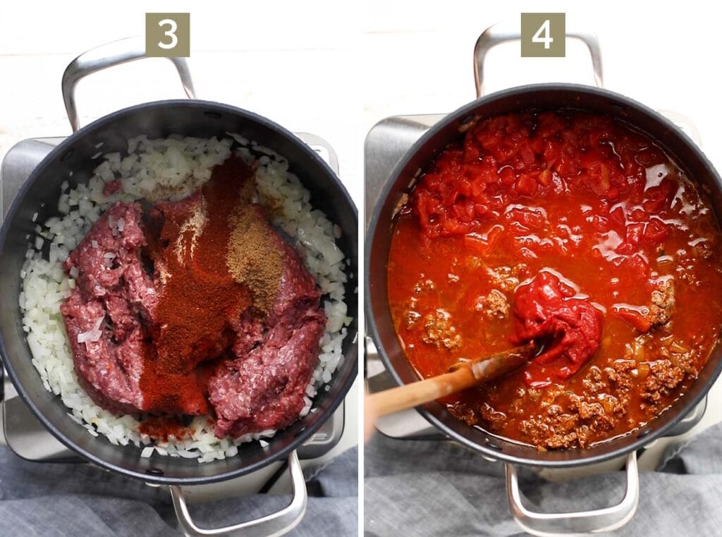 Step 3 shows to add the beef, salt and spices to the pot, and step 4 shows to add the broth, diced tomatoes, and tomato broth.