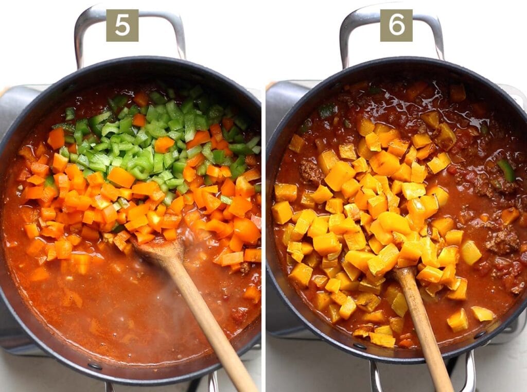 Step 5 shows to add the chopped bell peppers, and step 6 shows to add the roasted butternut squash.