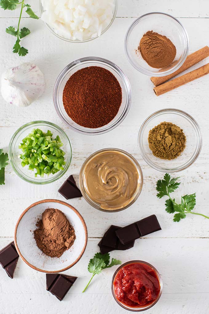 The ingredients for mole sauce measured and ready to go.