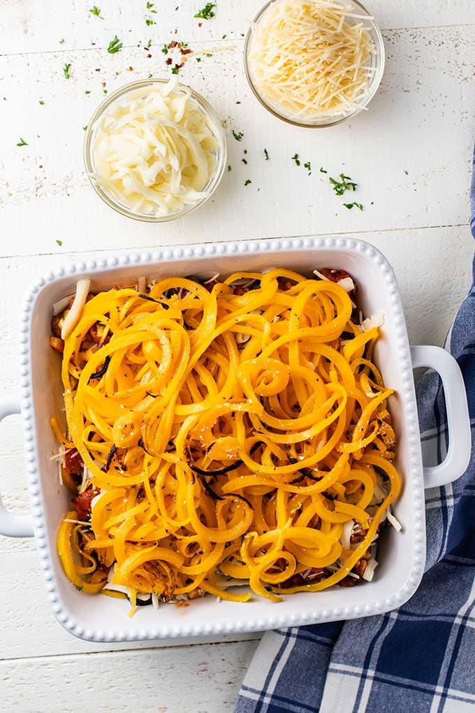 How to layer a baked spaghetti casserole with butternut squash noodles/