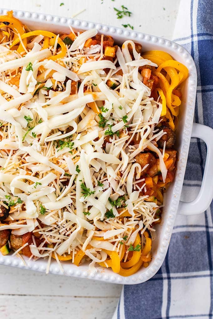 A close up at the layers in a butternut baked spaghetti casserole.